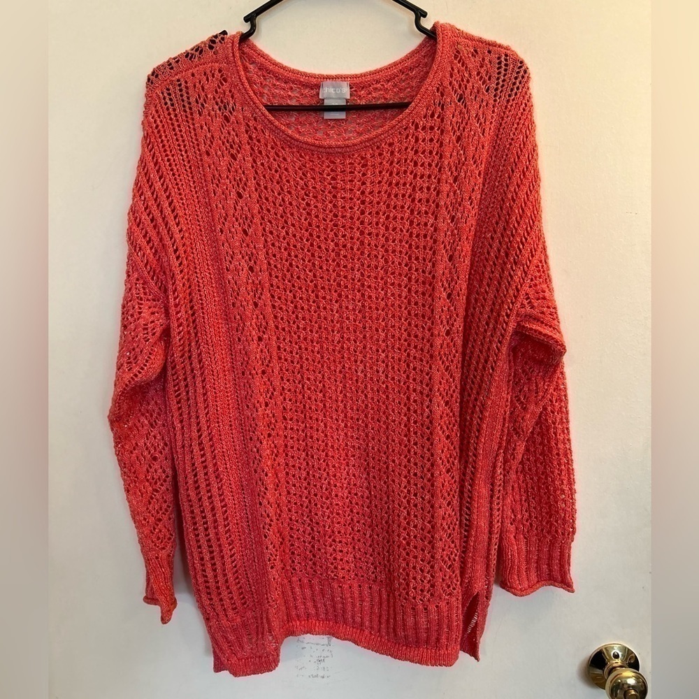 Chicos size 2P salmon, pink loose knit, sweater, beachy/coastal